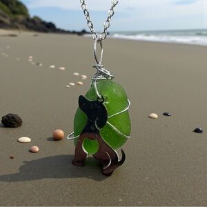 NWT OOAK Handmade Surf Tumbled Sea Glass & Cat / Dog Rescue Pendant Necklace